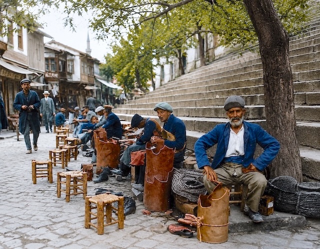 Colorized street market scene